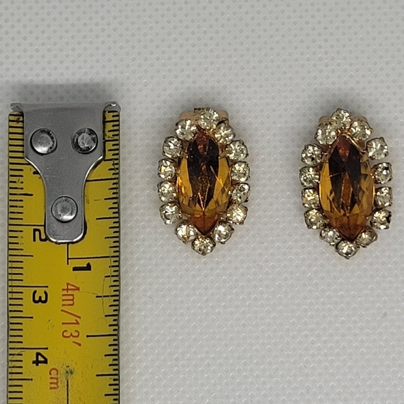VINTAGE Elegant Gold Tone 80's Amber & Crystal Color Clip-on Earrings - Picture 11 of 14